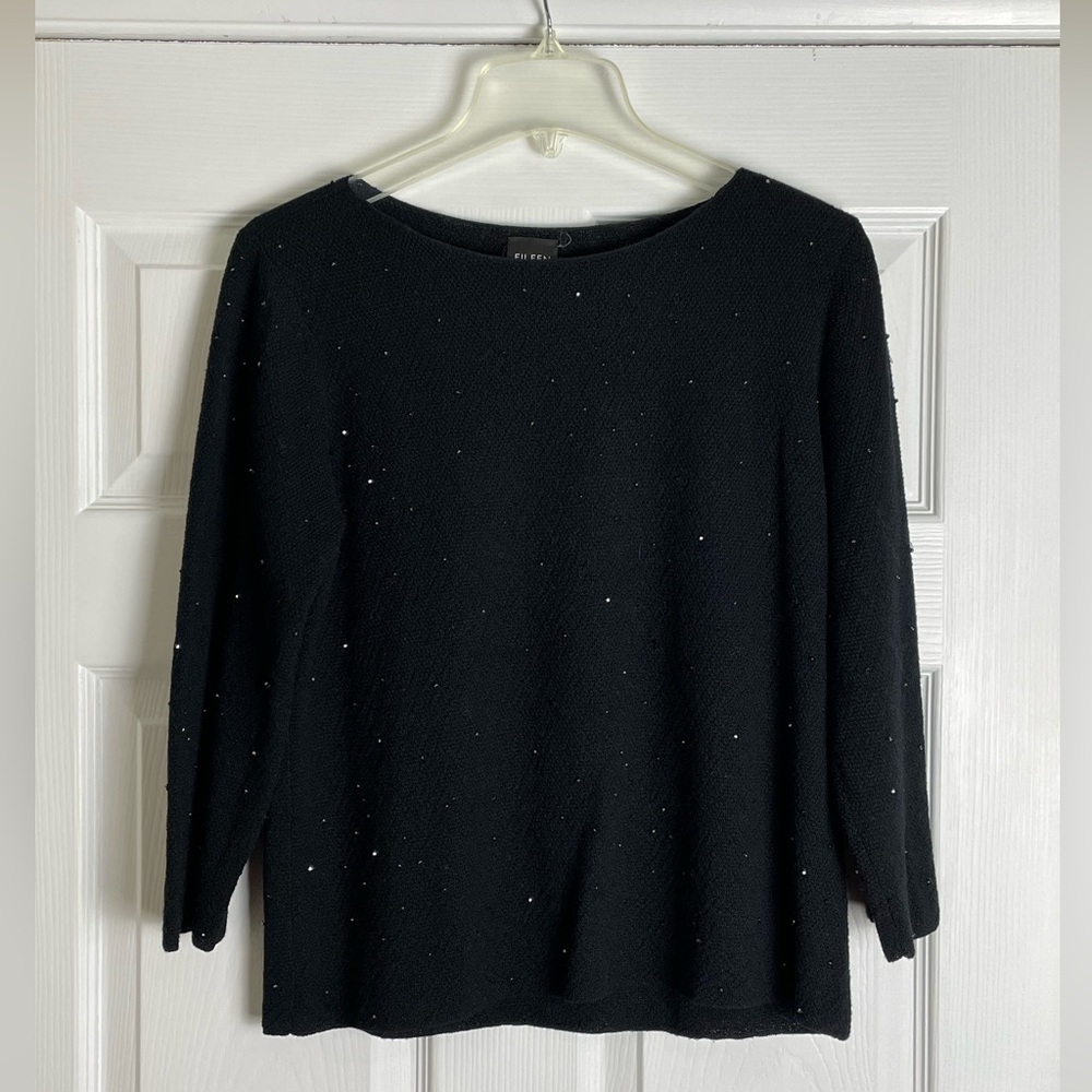 Eileen Fisher Black Beaded Sweater with 3/4 Length Sleeves - NWOT